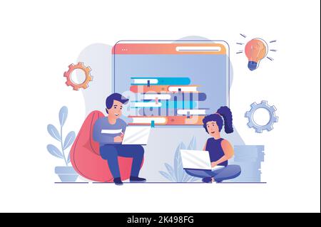 I bambini imparano il concetto di computer con la scena delle persone. Ragazzo e ragazza che studiano online utilizzando i computer portatili, guardando video lezioni, leggendo libri. Vettore Illustrazione Vettoriale
