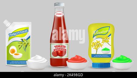 Set vettoriale di diverse salse in ciotole in ceramica, maionese in busta di plastica sacchetto doypack, ketchup di pomodoro in bottiglia di vetro e senape in plastica Bo Illustrazione Vettoriale