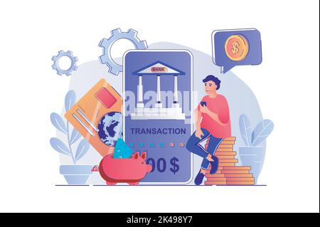 Concetto di mobile banking con la scena delle persone. Uomo che paga per acquisti in applicazioni mobili, gestione finanziaria, contabilità e transazioni. Vettore Illustrazione Vettoriale