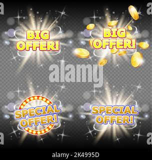 Grande e speciale offerta vettore banner set. Vendita e sconti cartelli promozionali su sfondo trasparente. Concetto di vendita. Illustrazione Vettoriale