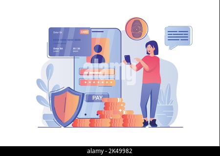 Concetto di pagamento sicuro con la scena della gente. Donna accede all'applicazione utilizzando password e scanner di impronte digitali, effettua transazioni finanziarie. Vettore Illustrazione Vettoriale