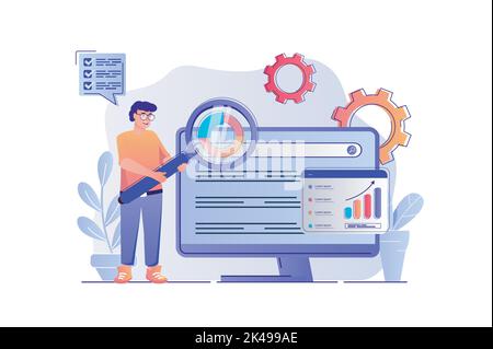 SEO concetto di analisi con le persone scena. Sito di impostazioni uomo per i motori di ricerca, analisi statistiche di pagina web, miglioramento e ottimizzazione. Vettore Illustrazione Vettoriale