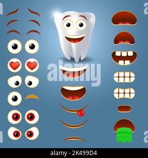 Creatore di emoji del dente, creatore di smiley. Set vettoriale di parti del corpo emoticon per la tua creazione di emoji cool con espressioni facciali diverse. Illustrazione Vettoriale