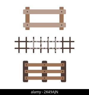 Raccolta di recinzioni diverse per la fattoria. Set di semplici illustrazioni di doodle. Articoli per il ranch. Clipart per la progettazione di libri per bambini, giochi da tavolo. Illustrazione Vettoriale