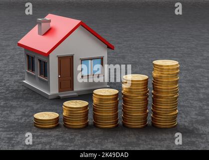 Cumuli di monete in ascesa su sfondo scuro con House Foto Stock
