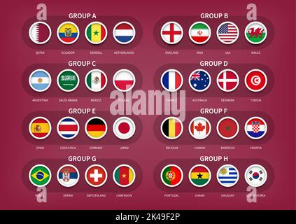 Qatar fifa World Cup torneo di calcio 2022 . 32 squadre gruppi a pareggio finale con bandiera nazionale . Vettore . Illustrazione Vettoriale