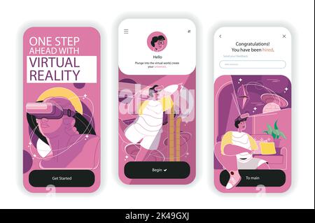 Schermate di integrazione del concetto di realtà virtuale. Giochi cyberspazio e apprendimento della realtà aumentata con visore VR. UI, UX, kit interfaccia utente GUI con flat Illustrazione Vettoriale