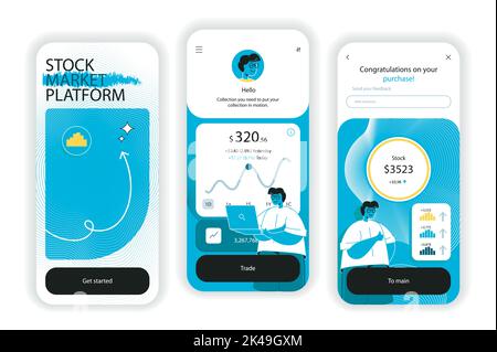 Schermate di onboarding del concept del mercato azionario. Analisi dei dati finanziari e negoziazione in borsa in app. UI, UX, kit interfaccia utente GUI con flat Illustrazione Vettoriale