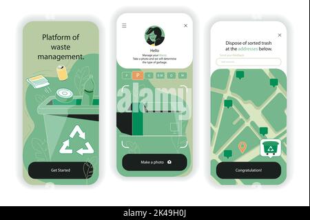 Schermate di integrazione concettuale per la gestione dei rifiuti. Separazione dei diversi rifiuti, riciclaggio, riutilizzo e logistica in app. UI, UX, kit interfaccia utente GUI con Illustrazione Vettoriale