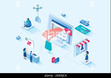 Sconto di beni 3D web design isometrico. La gente compra i nuovi prodotti ai prezzi migliori ed alle offerte alle vendite stagionali nei depositi in linea, ordinando e pagando Illustrazione Vettoriale