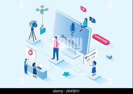 Blogging 3D web design isometrico. Le persone guardano video e si iscrivono a contenuti digitali, registrano blogger e pubblicano video sul suo canale Illustrazione Vettoriale