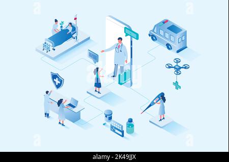 Medicina 3D web design isometrico. Le persone ricevono consulenza online con il medico, prendere appuntamento alla reception clinica, ricevere la terapia in reparto Illustrazione Vettoriale