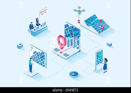 Navigazione GPS 3D web design isometrico. Le persone utilizzano l'applicazione mobile con la mappa della città e ottengono indicazioni stradali, tracciano le posizioni e si spostano lungo le strade con Illustrazione Vettoriale