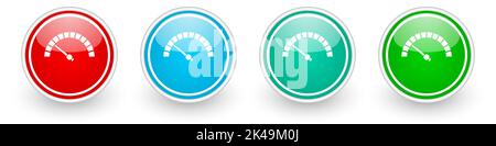Misuratore di velocità, icone vettoriali con indicatore rapido, pulsanti colorati lucidi in bianco Illustrazione Vettoriale