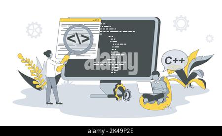 Concetto di programmazione computerizzata in design piatto con le persone. Uomo e donna scrivono codice e script, lavorano con linguaggi di programmazione, creano software Illustrazione Vettoriale