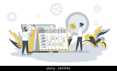 Concetto di progettazione in piano con le persone. Uomo e donna pianificano appuntamenti nel calendario, contrassegnano le attività nell'elenco e organizzano il flusso di lavoro dell'ufficio. Vettore Illustrazione Vettoriale