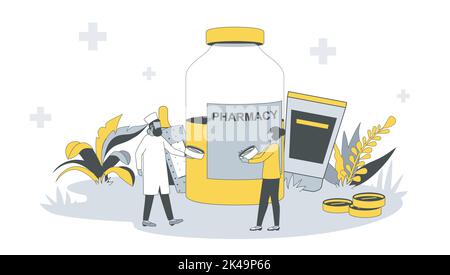 Concetto di farmacia in design piano con le persone. Il farmacista vende la medicina alla donna, le prescrizioni e le prescrizioni dal medico, farmacia in linea. Vettore Illustrazione Vettoriale