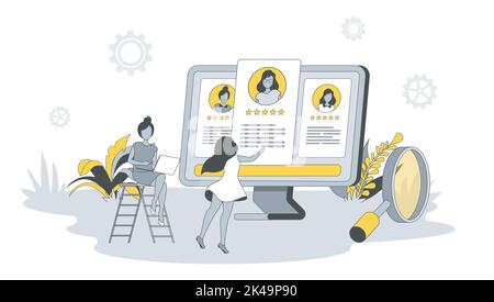 Concetto di reclutamento nel design piatto con le persone. Donne manager HR alla ricerca di nuovi posti vacanti, leggere i curriculum online e selezionare i migliori candidati. Vettore Illustrazione Vettoriale