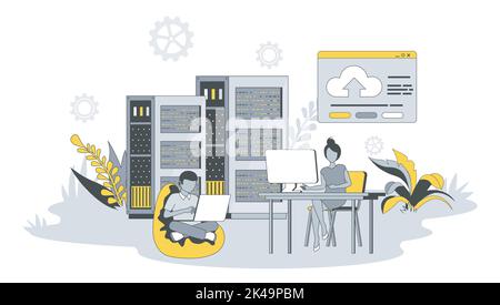 Web hosting concetto in piano con la gente. Uomo e donna che lavorano presso i server dei data center, utilizzando la tecnologia cloud e l'amministrazione del software. Vettore Illustrazione Vettoriale