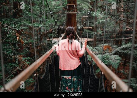 ragazza caucasica con gonna colorata e camicia rosa a piedi sulla sua schiena rilassato lungo la stretta e lunga passerella che unisce gli alberi della foresta Foto Stock