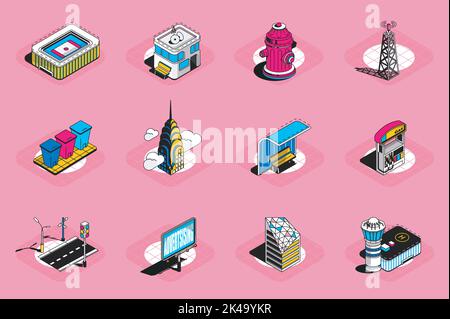 Edifici cittadini 3D icone isometriche set. Elementi di imballaggio di infrastrutture urbane, idranti, stazioni, strade, cartelloni, ospedale, grattacielo e altri Illustrazione Vettoriale