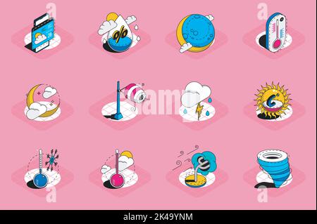 Icone isometriche meteo 3D impostate. Elementi di imballaggio di umidità di aria, temperatura, vento, sole, luna, nuvoloso, temporale, atmosfera, coperto e altri Illustrazione Vettoriale