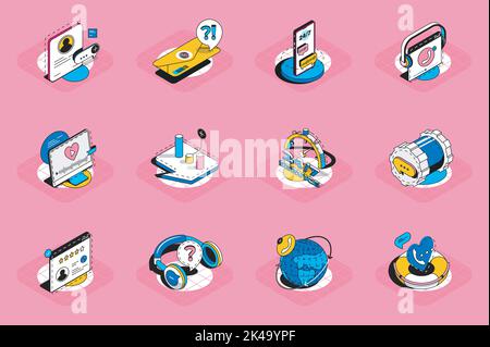 Supporta 3D set di icone isometriche. Pack elementi di comunicazione online, contattaci, chat, e-mail, chiamata al cliente, assistenza, domande, feedback e. Illustrazione Vettoriale