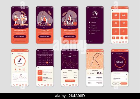 Schermate del concetto di fitness impostate per il modello di app mobile. La gente al workout del groupe, addestramento in linea e lifestyle sano. UI, UX, kit interfaccia utente GUI Illustrazione Vettoriale