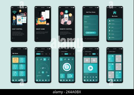 Schermate Smart Home Concept impostate per il modello di app mobile. Le persone controllano i sensori di temperatura, l'illuminazione, il sistema di sicurezza. UI, UX, kit interfaccia utente GUI Illustrazione Vettoriale