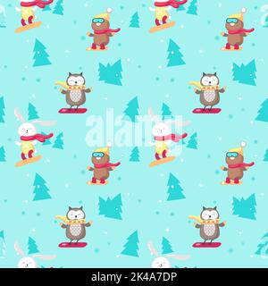 Modello vettoriale senza cuciture con simpatici orsi di animali, coniglietto e gufo godendo di snowboard. Sfondo invernale, carta da parati, tessuto, carta da imballaggio. Illustrazione Vettoriale