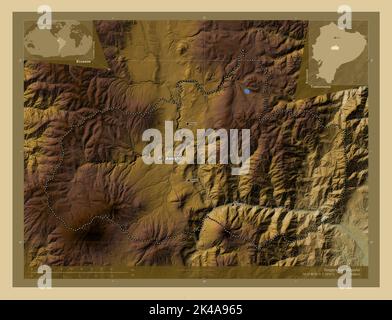 Tungurahua, provincia dell'Ecuador. Mappa di altitudine colorata con laghi e fiumi. Località e nomi delle principali città della regione. Posizione ausiliaria d'angolo Foto Stock