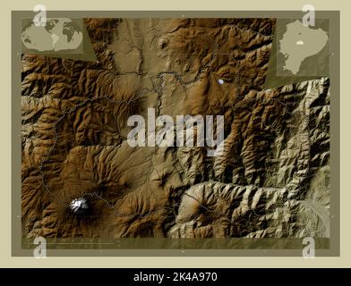 Tungurahua, provincia dell'Ecuador. Mappa dell'altitudine colorata in stile wiki con laghi e fiumi. Mappe delle posizioni ausiliarie degli angoli Foto Stock