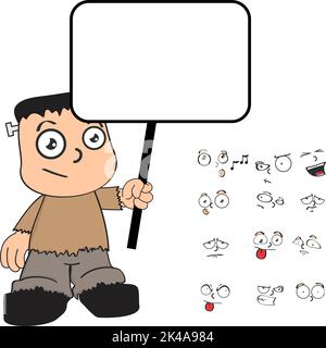 halloween frankenstein kid cartoon kawaii espressioni impostare billboard in formato vettoriale Illustrazione Vettoriale
