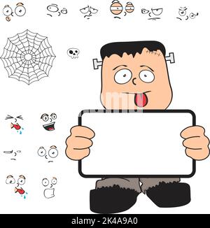 billboard halloween frankenstein kid cartoon kawaii espressioni impostate in formato vettoriale Illustrazione Vettoriale