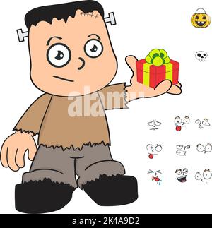 regalo halloween frankenstein kid cartoon kawaii espressioni set in formato vettoriale Illustrazione Vettoriale
