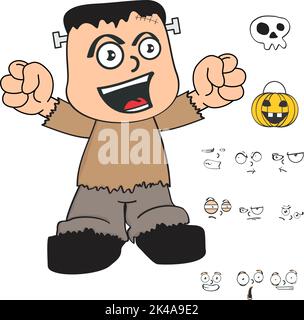 happy halloween frankenstein kid cartoon kawaii espressioni set in formato vettoriale Illustrazione Vettoriale