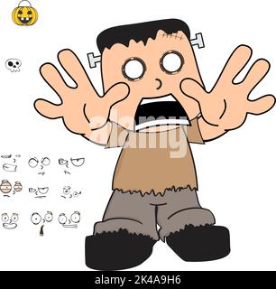 urlando halloween frankenstein kid cartoon kawaii espressioni impostate in formato vettoriale Illustrazione Vettoriale