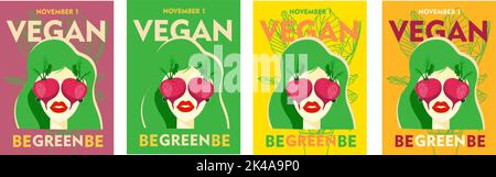 Immagine vettoriale piatta di un poster vegano con una donna allegra per la Giornata Mondiale Vegan. Giornata vegetariana mondiale per post, cartoline, banner sui social media Illustrazione Vettoriale