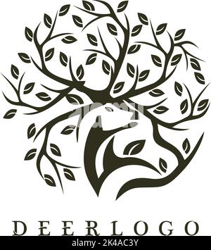 bel logo di cervo con elemento a foglia sulla corna Illustrazione Vettoriale