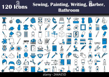 120 icone di cucire, pittura, scrittura, barbiere, bagno. Contorno grassetto modificabile con disegno di riempimento a colori. Illustrazione vettoriale. Illustrazione Vettoriale