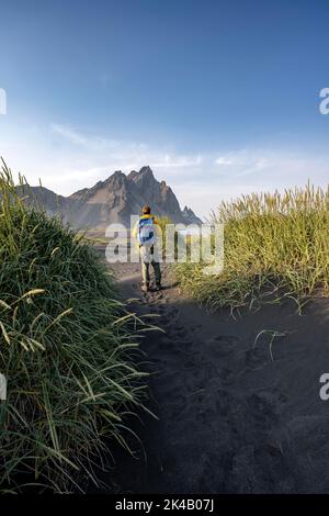 Turista su una duna di sabbia, spiaggia nera con sabbia vulcanica, spiaggia di sabbia, dune con erba, punta di Stokksnes, catena montuosa di Klatindur, Austurland Foto Stock