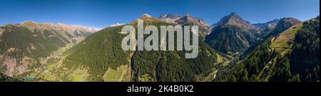 Binntal con Stockhorn e Leng Valley sulla destra e Binna Reservoir sulla sinistra, Ze Binne, vista aerea, Vallese, Svizzera Foto Stock