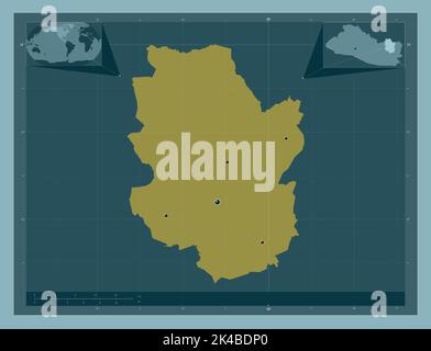 Morazan, dipartimento di El Salvador. Forma a tinta unita. Posizioni delle principali città della regione. Mappe delle posizioni ausiliarie degli angoli Foto Stock