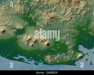 San Miguel, dipartimento di El Salvador. Mappa di altitudine colorata con laghi e fiumi Foto Stock