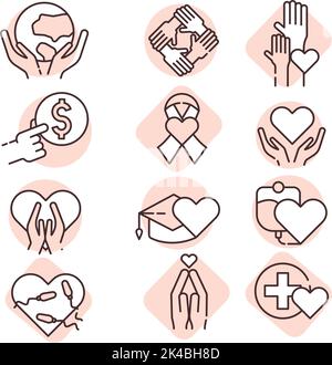 Carità e donazione pace nel mondo, illustrazione, vettore su sfondo bianco. Illustrazione Vettoriale
