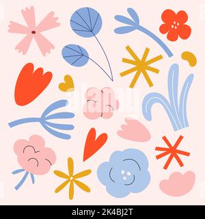 Semplice collezione di fiori e forme astratte, graziose illustrazioni minimaliste in palette pastello, tulipano, cotone, foglie e rami, floreale moderno Illustrazione Vettoriale