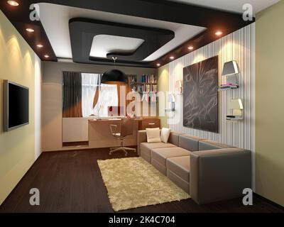 3D rendering del disegno del soggiorno nell'appartamento. Design interno della camera in stile moderno per l'ufficio domestico. Foto Stock