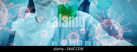 coronavirus su sfondo bianco contro chimico mescolando liquido verde in becher con due chimici guardare. Test per Coronavirus, pandemia globale con Foto Stock