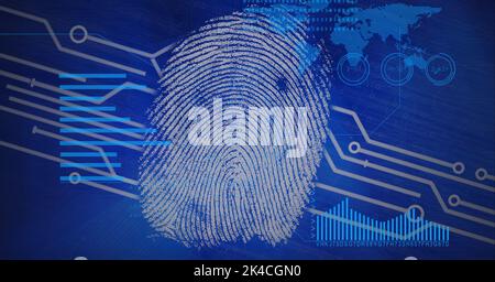 Composizione di impronte digitali biometriche su circuito stampato su sfondo blu. Tecnologia globale, elaborazione dati e interfaccia digitale Foto Stock