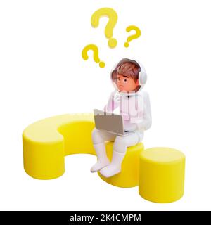 Un rendering 3D di un ragazzo in un tuta astronauta seduto su un punto interrogativo giallo pensando con un computer portatile Foto Stock